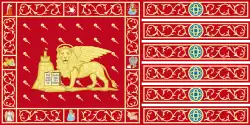 Flag of Venice , — an oblong flag with six fringes in a simplified variation of the Banner of Saint Mark, but still highly decorated orle bordered with insets of the Madonna and Child with Christian saints ,