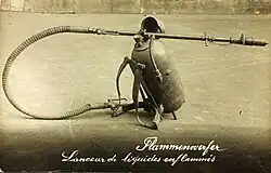 Kleif M.1916 in a French postcard. It is often misidentified as the "Flammenwerfer M.16" of Austrian origin. An igniter is present at the nozzle.