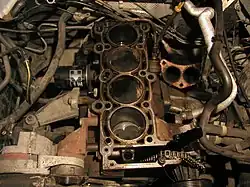 The engine block with the cylinder head removed