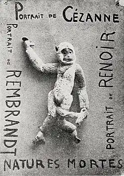Portrait of Cézanne, Portrait of Renoir, Portrait of Rembrandt, 1920, Toy monkey and oil on cardboard, 39.4 x 55 cm, Reproduced in Cannibale, Paris, n. 1, April 25, 1920