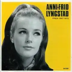 A greyscale photo of a woman, with heavy eyeliner and long ponytailed hair, looks to her left. The text reads "ANNI-FRID LYNGSTAD FRIDA 1967-1972".