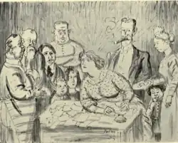 Black and white drawing of multiple characters gathered around a anxious-looking woman seated at a table.