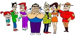 The series' main characters. From left to right: Gina, Petey, Cookie, Jimmy, Cheech, Theresa, Strait McCool.