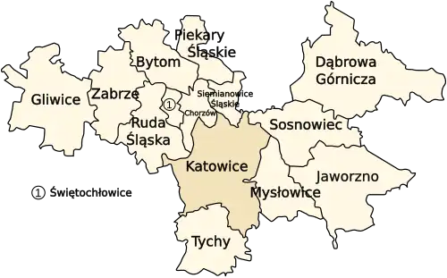Map of the Metropolitan Association of Upper Silesia, with Katowice highlighted near its centre.