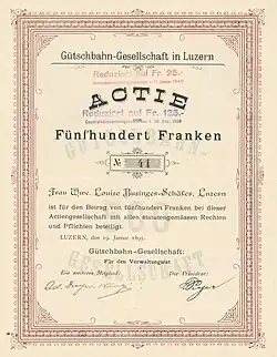 Share certificate of the Gütschbahn-Gesellschaft (founded 1895, wound-up 2007), issued 19. January 1895