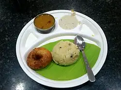 Another common breakfast: medu vada, pongal, sambar and coconut chutney