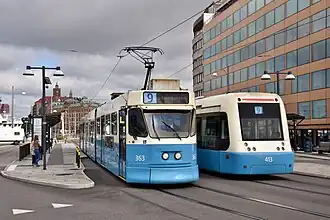 A M31 and M32 type tram at the Stenpiren tram stop.