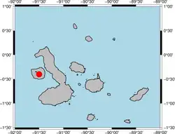Map of the Galápagos islands with a red dot over the mantle plume location