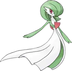A bipedal feminine looking creature with green hair and a mostly white body that resembles a dress, with a red horn protruding from its chest and back.