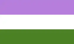Genderqueer pride flag, made up of three horizontal stripes, which are, from top to bottom, purple, white, and green.