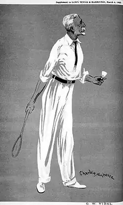 Drawing of a tall thin man wearing white with a small beard holding a badminton racket and shuttlecock.