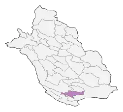 Location of Gerash County in Fars province (bottom center, purple)