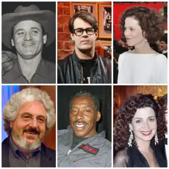 Portrait photos of the stars of the film: Bill Murray, Dan Aykroyd, Sigourney Weaver, Ernie Hudson, Harold Ramis, and Annie Potts