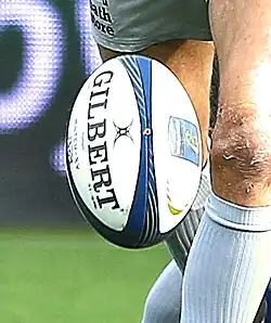 A Gilbert Rugby Gilbert white and blue colored rugby ball used in a European Rugby Champions Cup in 2015