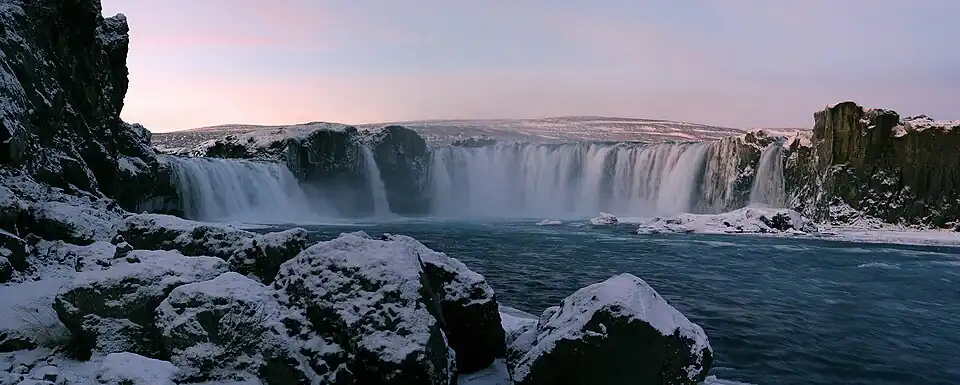 Panorama of Goðafoss in winter