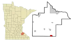 Location of Pine Island within Goodhue and Olmsted Counties in the state of Minnesota