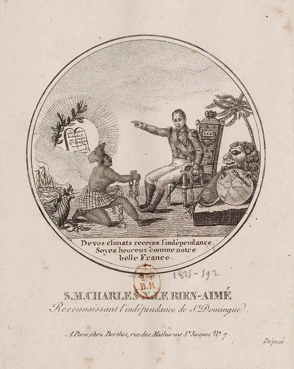 Engraving titledː "His Majesty, Charles X, The Beloved, recognizing the Independence of Saint-Domingue