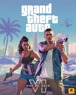 Art of a man and woman walking in Vice City, holding firearms. The text reads "Grand Theft Auto" and "VI".