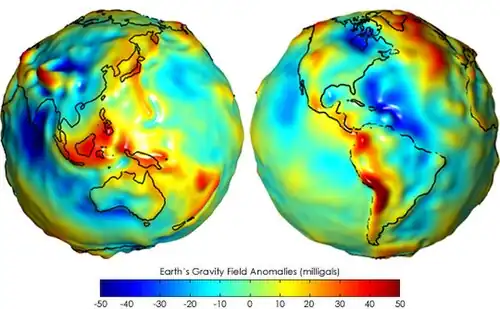 Image 43Earth's gravity measured by NASA GRACE mission, showing deviations from the theoretical gravity of an idealized, smooth Earth, the so-called Earth ellipsoid. Red shows the areas where gravity is stronger than the smooth, standard value, and blue reveals areas where gravity is weaker. (from Gravity of Earth)