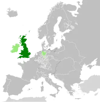 Great Britain in 1789; Kingdom of Ireland, the Isle of Man, the Channel Islands, and Electorate of Hanover in light green