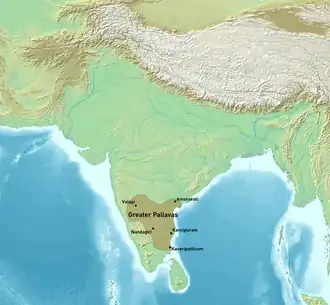 Pallava territories during Narasimhavarman I c. 645. This includes the Chalukya territories occupied by the Pallavas.[1]