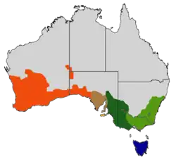map of Australia showing multicoloured area across south of the country