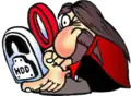 Logo depicting Richard Stallman with a magnifying glass checking the hard drive.