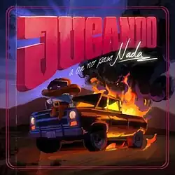 A broken-down car on fire in the middle of a desert, with a faceless cowboy sitting on the car's hood.