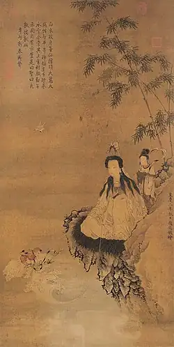 Chinese hanging scroll depicting Shancai, Avalokiteśvara and Longnü, Yuan Dynasty