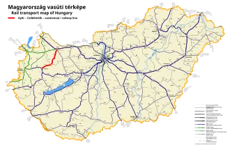 Route map of railways in Hungary showing the Győr–Celldömölk railway line