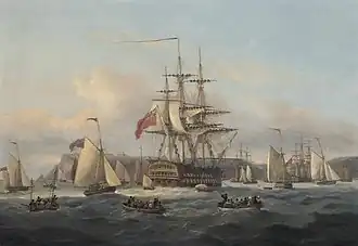 Oil painting of a three-masted sailing ship seen from rear against a background of cliffs, with many small boats filled with people in the foreground.