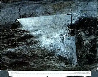 A clever feat: the destroyer HMS&nbsp;Derwent torpedoing the cruiser HMS&nbsp;Aeolus during the manoeuvres 27 August 1904