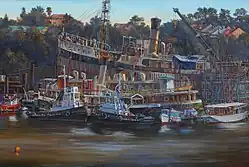'Hail Hail the Gang’s All Here - Sydney Heritage Fleet at Rozelle', 2013, oil on canvas, 122 x 183&nbsp;cm, © Jane Bennett