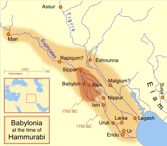 The extent of the Babylonian Empire at the start and end of Hammurabi's reign, in what today is modern day Iraq and Iran