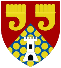 Hanley Economic Building Society: Per chevron gules and azure bezanty in chief two clarions or and in base a tower argent