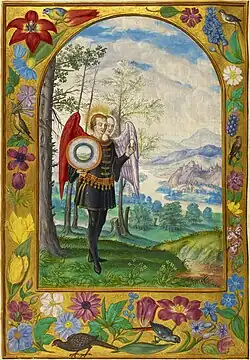 Fifth Parable: winged figure with two heads, one male, one female, grasps an egg and a highly reflective shield. The male head radiates gold, the female head silver.