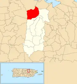 Location of Hato Tejas within the municipality of Bayamón shown in red