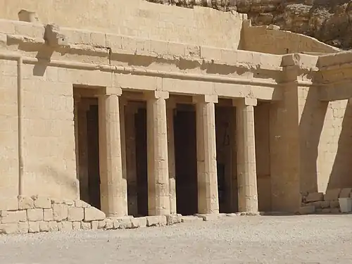 Possible inspiration for the Doric order: Ancient Egyptian columns of the shrine of Anubis at the Temple of Hatshepsut, Deir el-Bahari, Egypt, c.1470 BC[13]