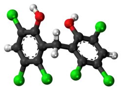 Ball-and-stick model of the hexachlorophene molecule