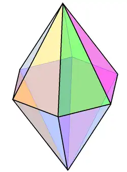Hexagonal bipyramid: a bipyramid with twelve isosceles triangles, obtained by attaching two hexagonal pyramids base-to-base.[18] If both affixed pyramids have regular bases and apices perpendicular to the center of their base, the bipyramid has D6h symmetry of order 24.[19] Like any other bipyramids, the hexagonal bipyramid is face-transitive and the dual of hexagonal prism.[20][21]