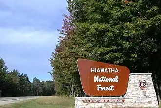 A forest sign along road M-28 in Hiawatha National Forest.