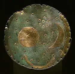 Photo of the Nebra disc on display at the Halle State Museum of Prehistory