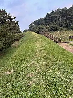A grassy path with steep slopes to either side