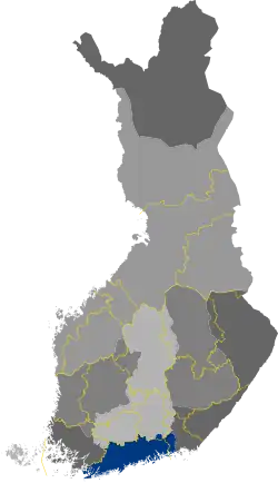 Historical province of Uusimaa in blue (borders of the modern regions in yellow)