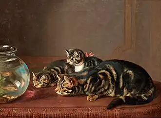 Cats by a fishbowl