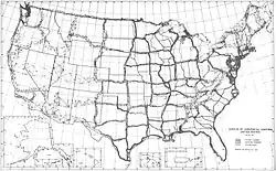 Map of United States with networks of triangles running roughly north-south and east-west across country; empty spaces several hundred miles wide in between