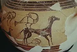A round, jar-like vessel, with horizontal bands and a horse and swan-like birds, fairly crudely drawn by comparison with classical Greek pottery