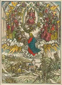 1498, Germany. Saint John kneeling before Christ and the Twenty-Four Elders. Engraving by