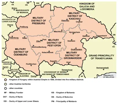 Military districts in Hungarian part of the Empire in 1850