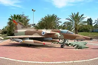 An Israeli-made IAI Kfir C.7 of 144 Squadron "Phoenix" with various weapons – also at Ramat David